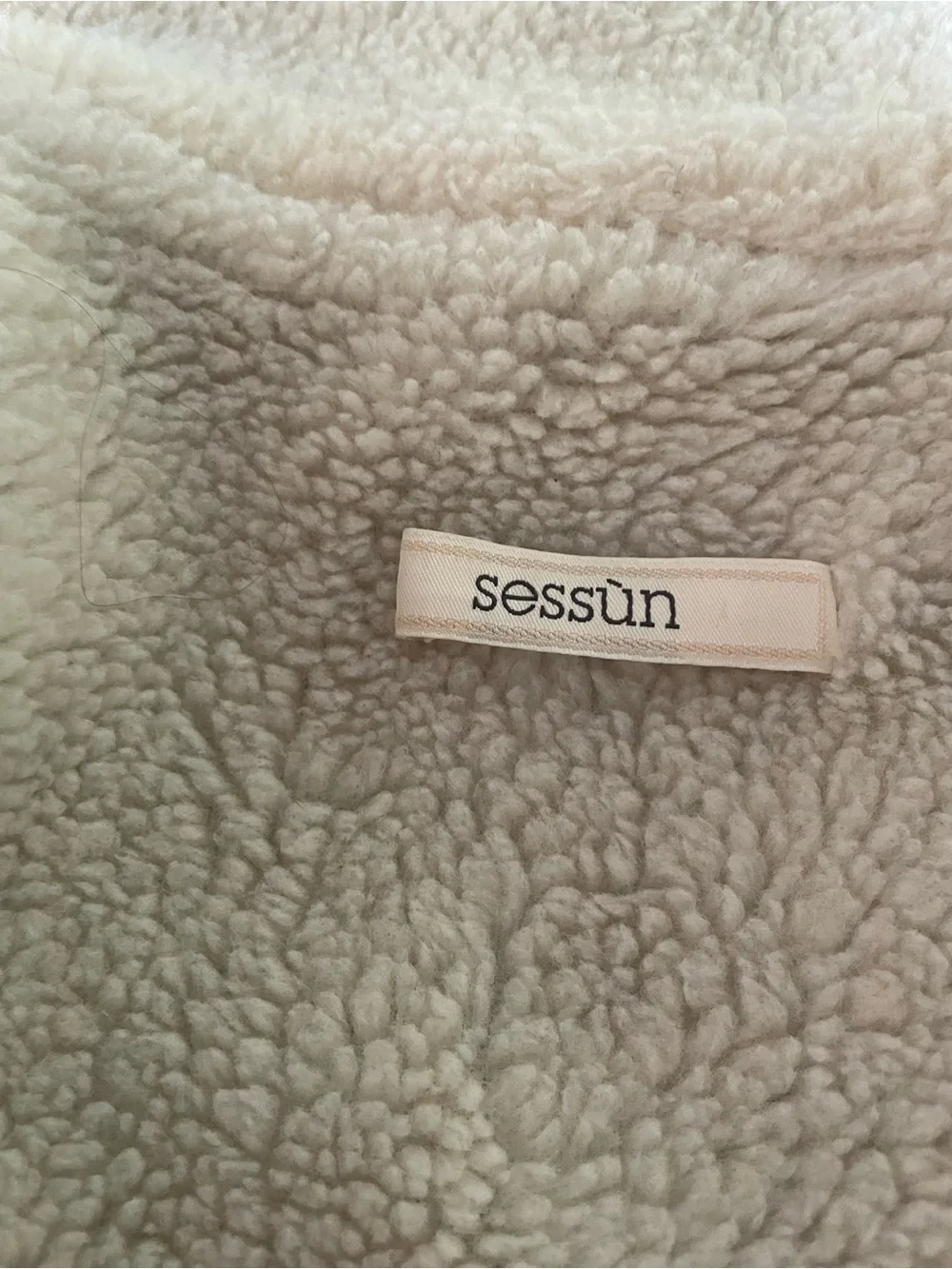 Sessun Wool Sherpa Coat, leather trim, size medium